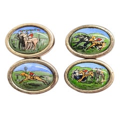 Sterling Silver Hand Painted Horse Racing Cufflinks