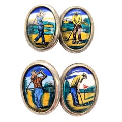 Vintage Sterling Silver Hand Painted Golf Cufflinks