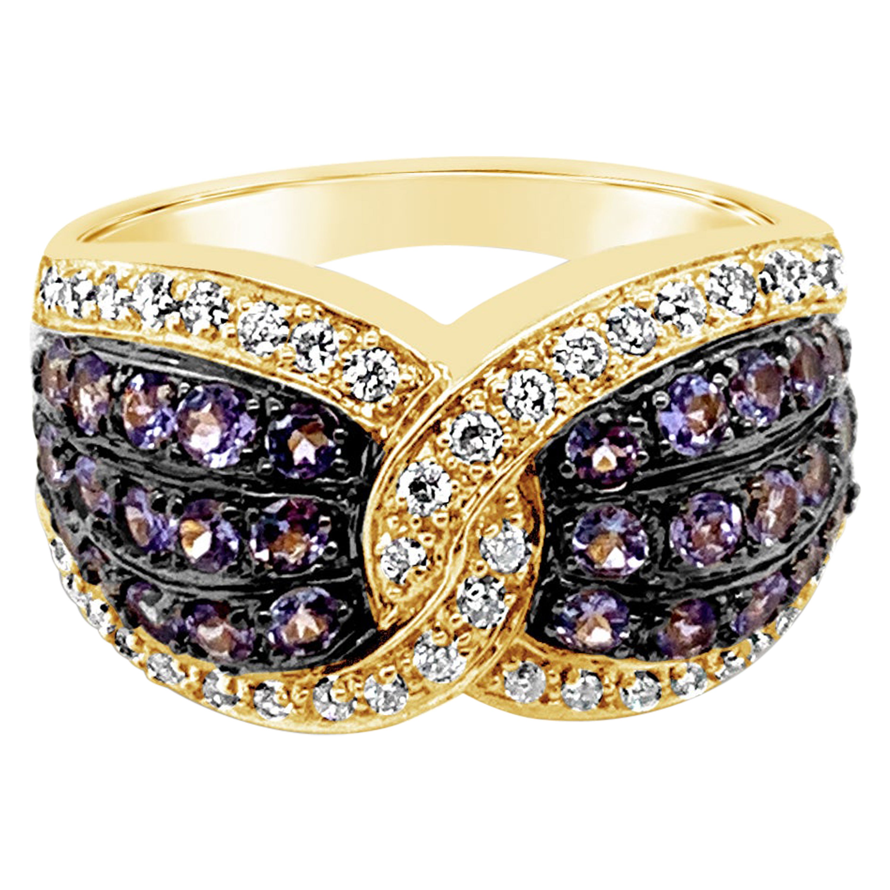 Carlo Viani 14K Yellow Gold Blue Purple Tanzanite Round Diamond Cocktail Ring