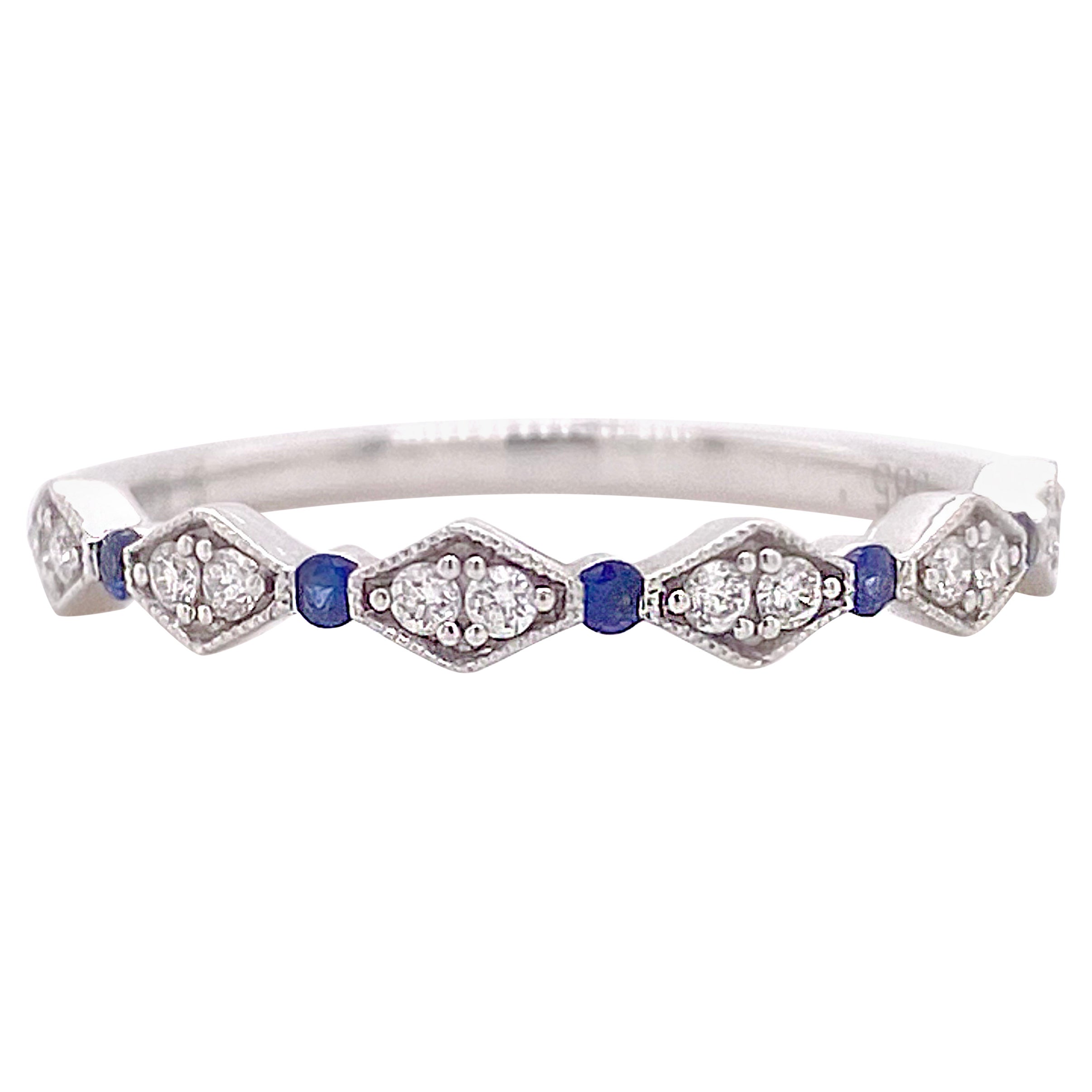 Diamond Sapphire Band, White Gold Wedding Ring, Stackable Band 15 Gemstones
