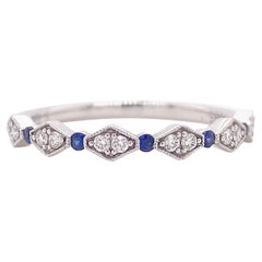 Diamond Sapphire Band, White Gold Wedding Ring, Stackable Band 15 Gemstones