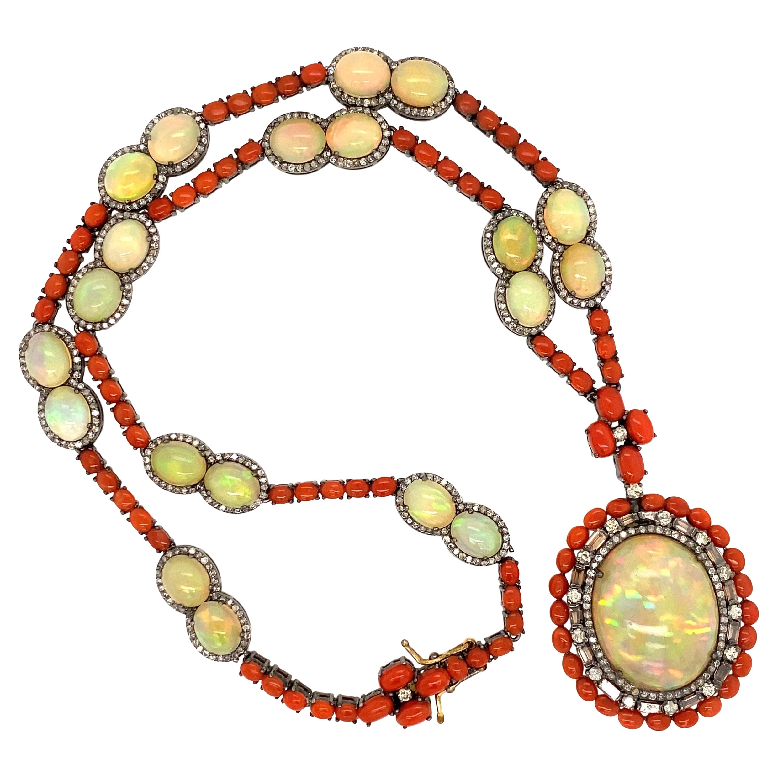 Opal, Coral and Diamond Gold and Sterling Silver Necklace Estate Fine Jewelry