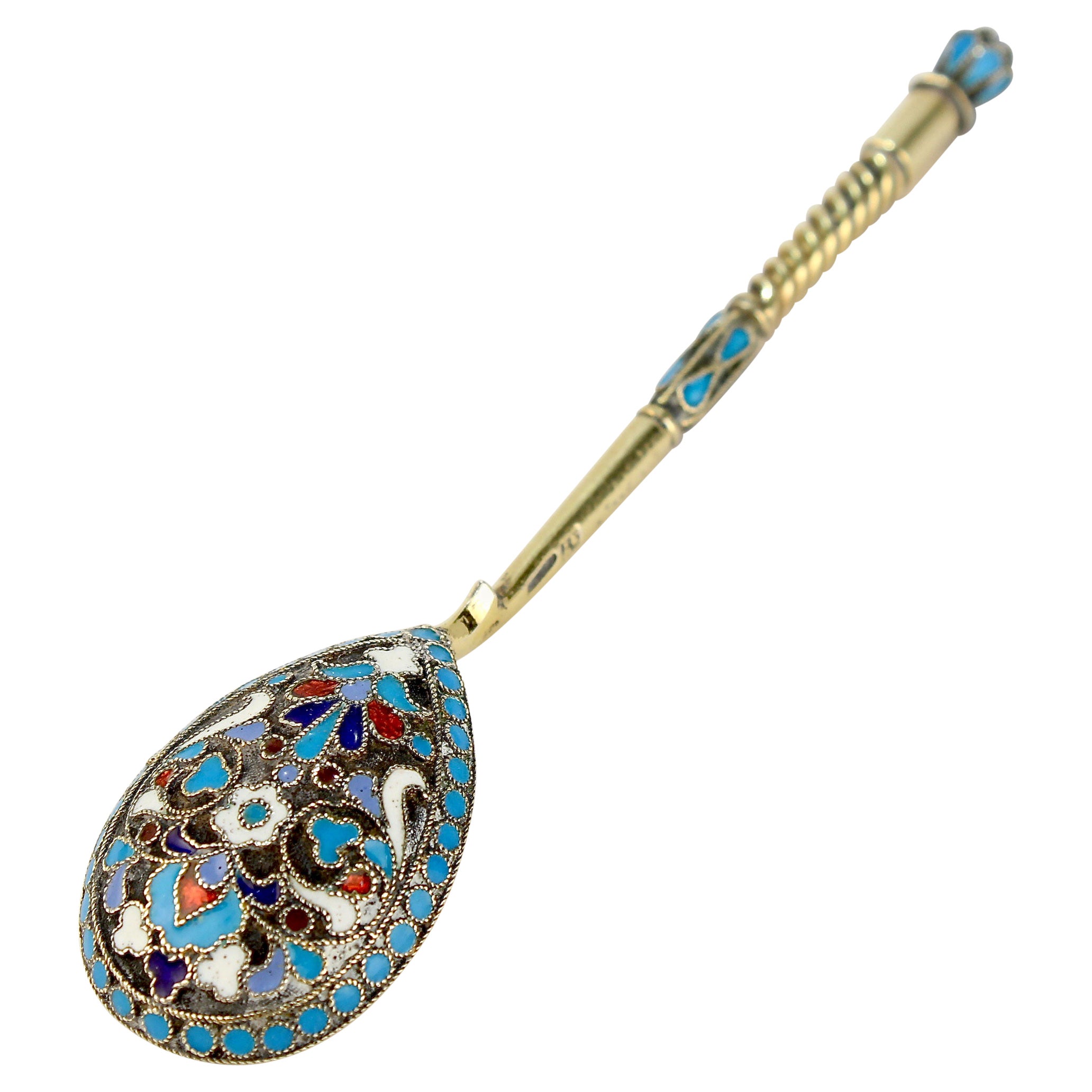 Imperial Russian Silver & Cloisonné Enamel Tea or Kvosh Spoon For Sale