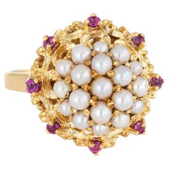 Cultured Pearl Cluster Ring Vintage 18k Yellow Gold Ruby Round Cocktail Jewelry