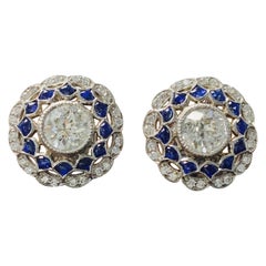 White Old European Cut Diamond and Blue Sapphire Stud Earrings in Platinum