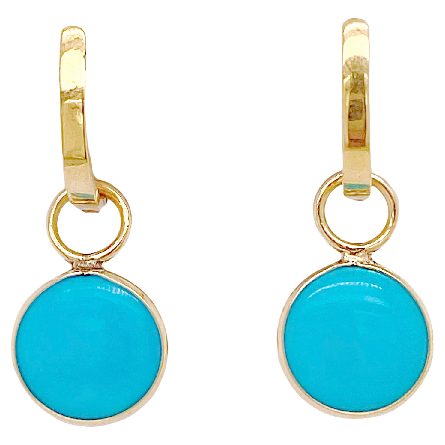 Huggie Earrings, w Turquoise Charm, 18k Persian Turquoise Earrings 2.75 Carats