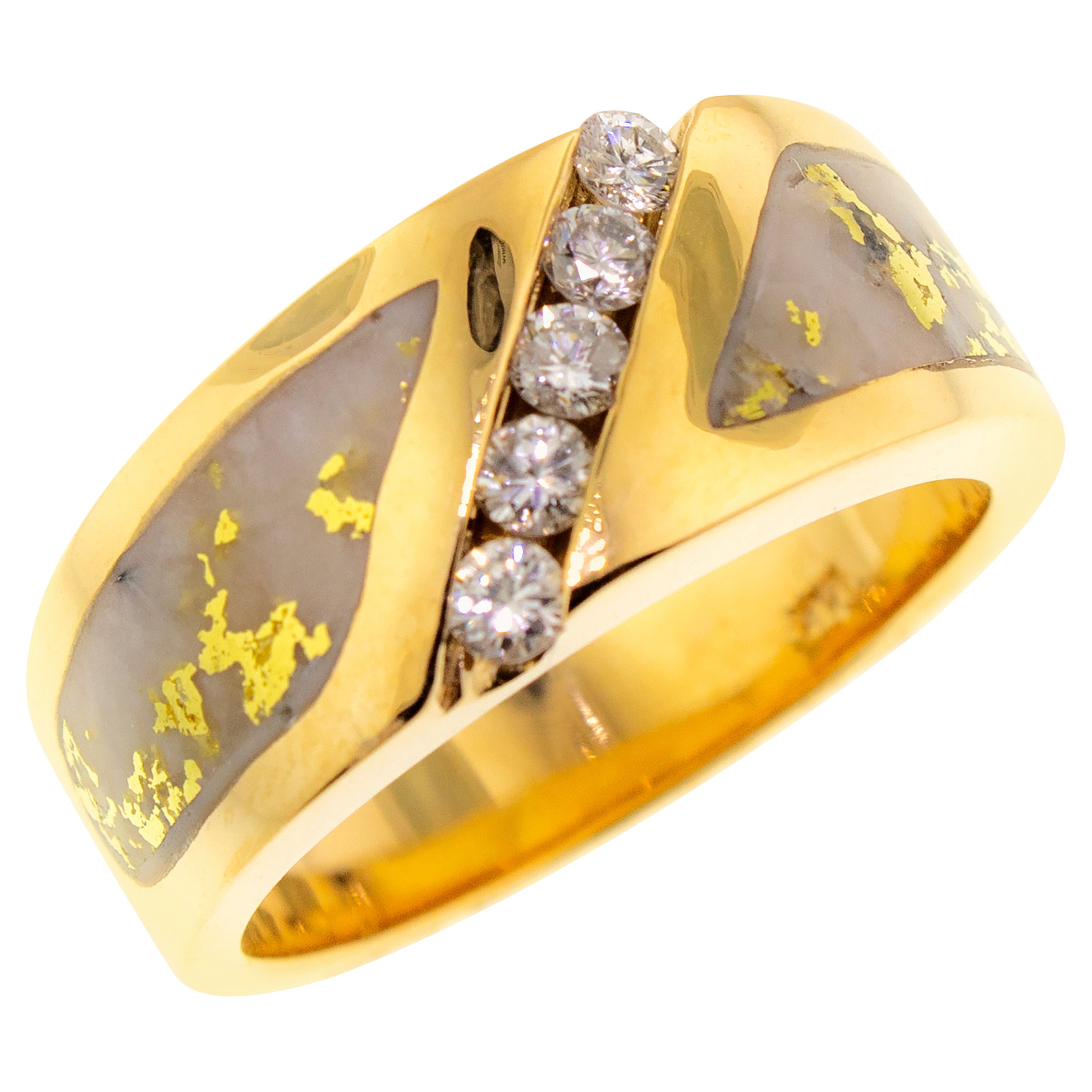 Natural Gold in Quartz and 0.31 Carat Diamond 14 Karat Gold Men’s Band Ring