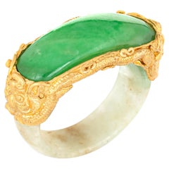 Jade Bridge Ring Vintage 22k Yellow Gold Dragon Estate Fine Jewelry