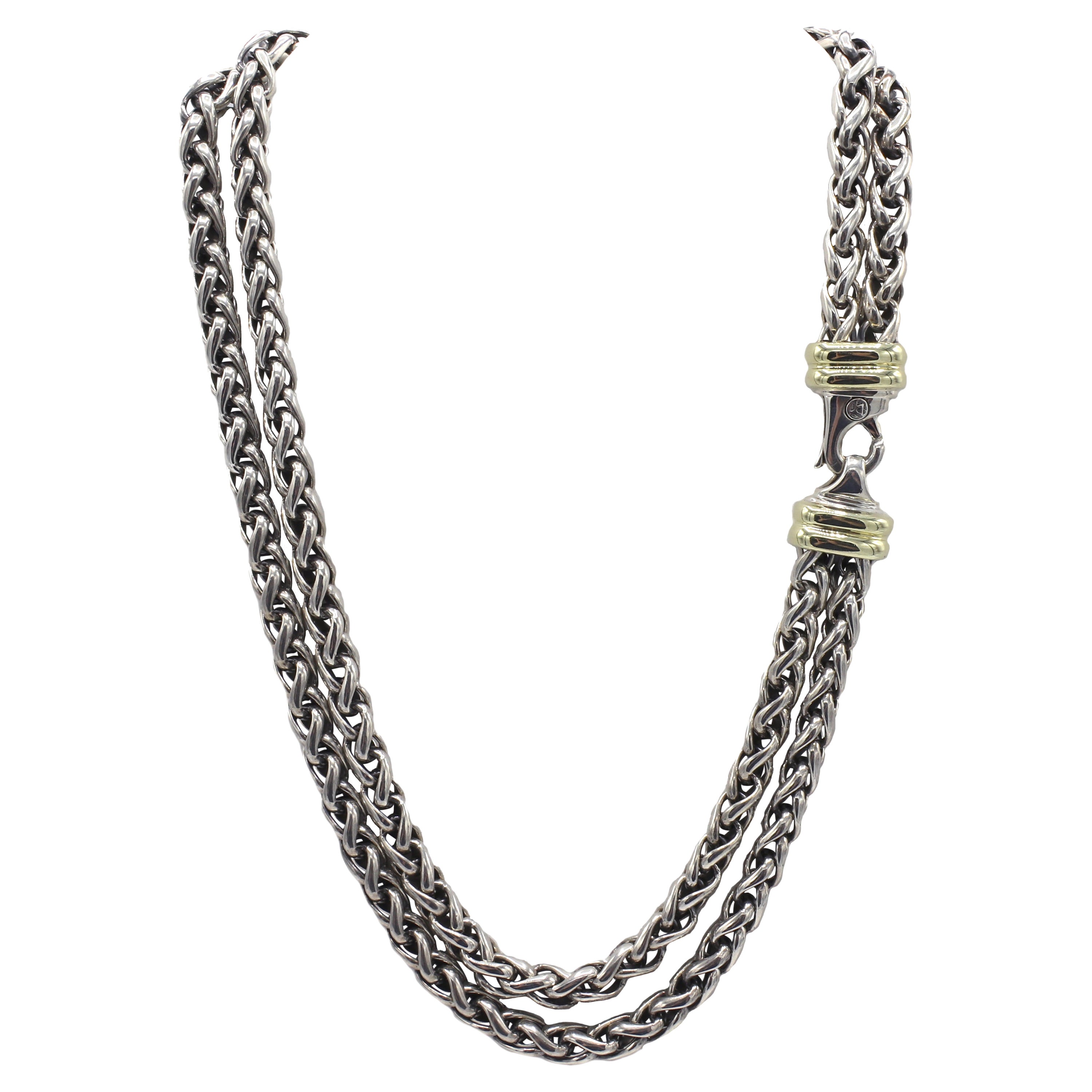 David Yurman Double Wheat Chain Sterling Silver & 14k Yellow Gold Necklace