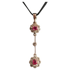 Antique Art Nouveau Drop Pendant Ruby and Zircon, Floral