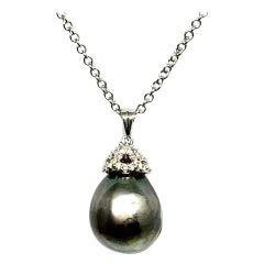 Diamond Tahitian Pearl Necklace 14k Gold Italy Certified