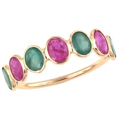Seven Oval Ruby and Emerald 18K Yellow Gold Ring Band