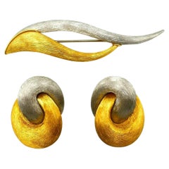 Henry Dunay Sabi Yellow Gold Platinum Earrings Brooch Set