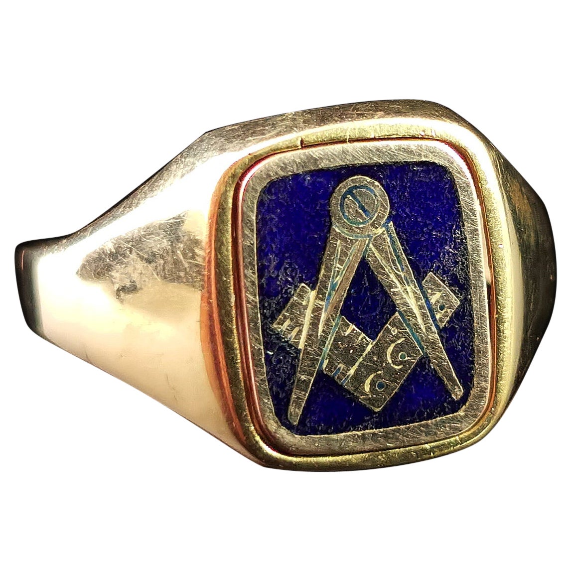Vintage 9 Karat Yellow Gold Masonic Swivel Ring, Signet, Blue Enamel