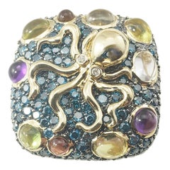 14 Karat Yellow Gold Diamond, Amethyst, Peridot and Garnet Octopus Ring