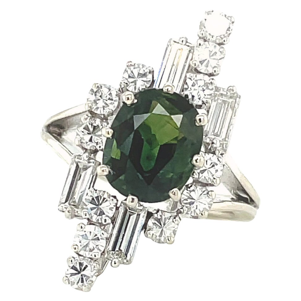 Retro French Green Sapphire Diamond Platinum Ring