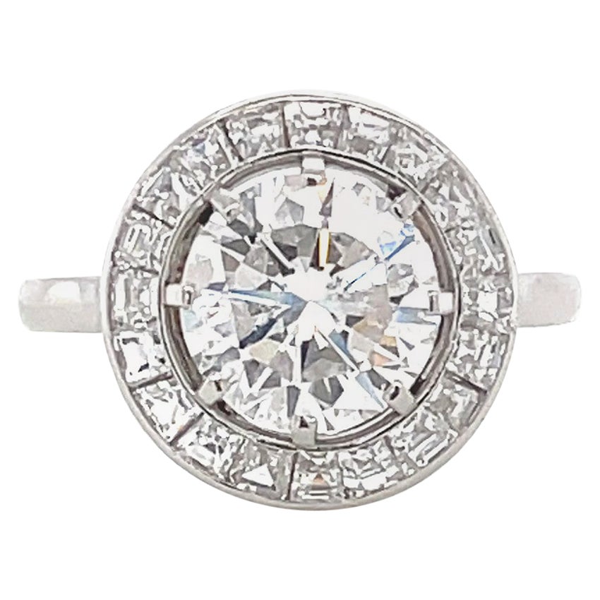 Art Deco GIA 2.15 Carat Round Brilliant Cut Diamond Platinum Halo Ring