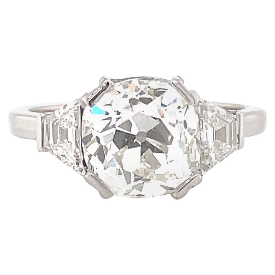 Art Deco French GIA 2.93 Carat Old Mine Cut Diamond Platinum Engagement Ring