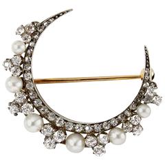 Victorian Natural Pearl Diamond Silver Gold Crescent Brooch