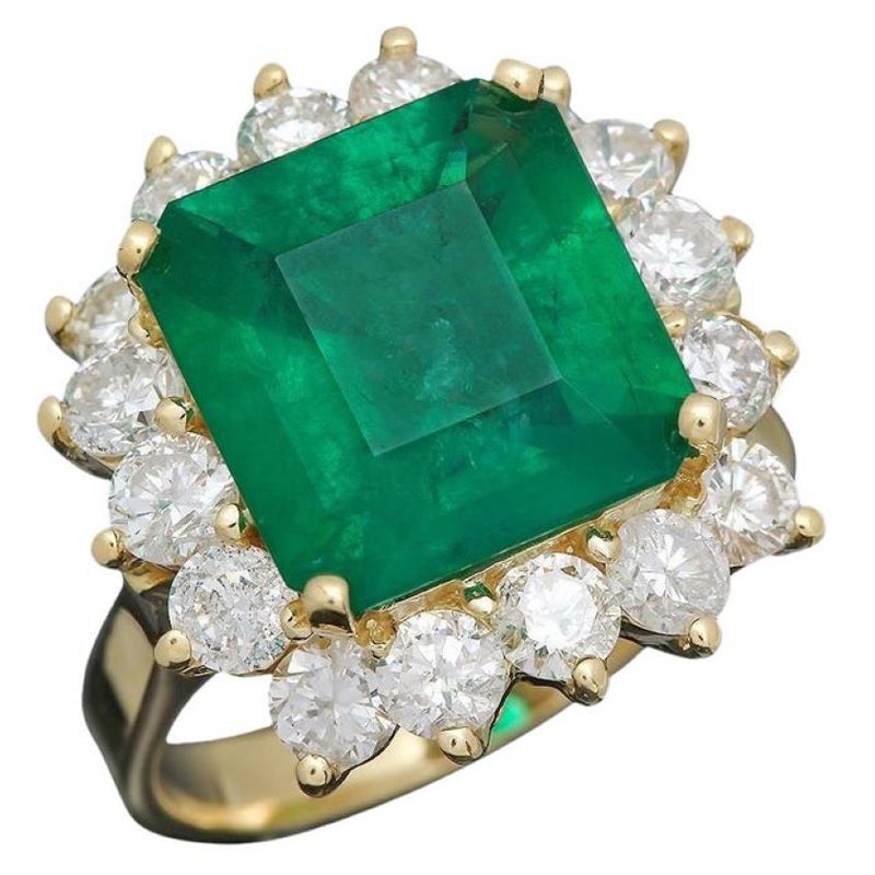 7,00 Karat Natürlicher Smaragd und Diamant 18K Massiv Gelbgold Ring