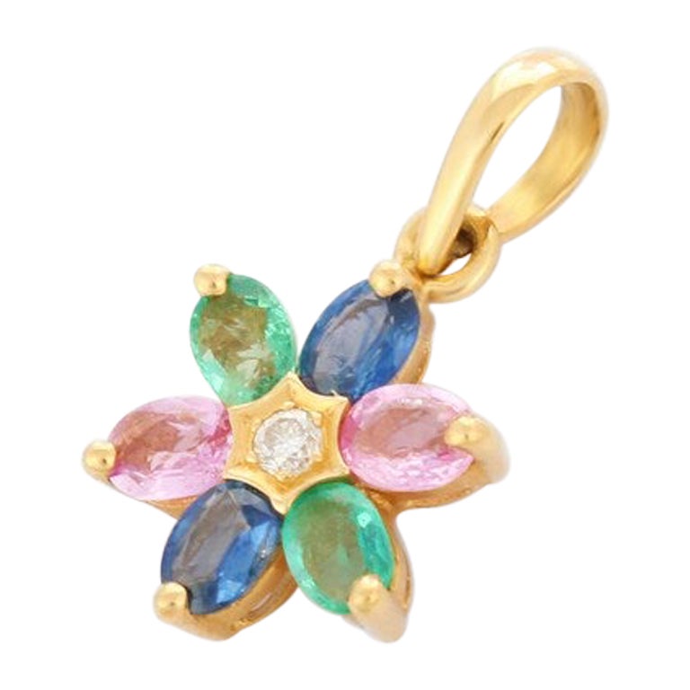 Multi Sapphire and Emerald Flower Pendant in 18kt Solid Yellow Gold For Sale