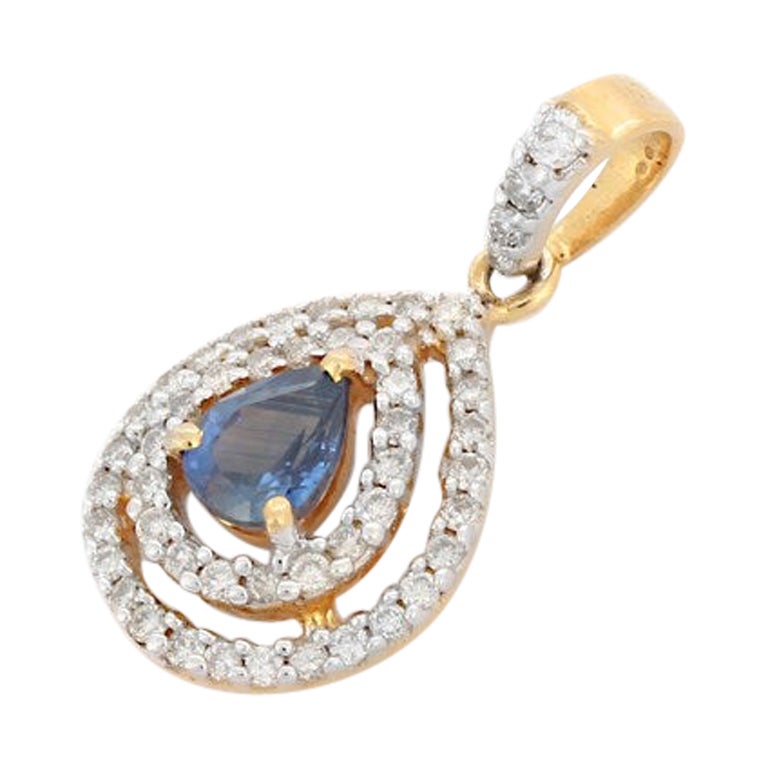 Pear Blue Sapphire Double Halo Diamond Pendant in 18kt Solid Yellow Gold For Sale