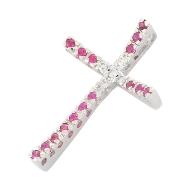 Ruby and Diamond Studded Cross Pendant in 18kt Solid White Gold For Sale