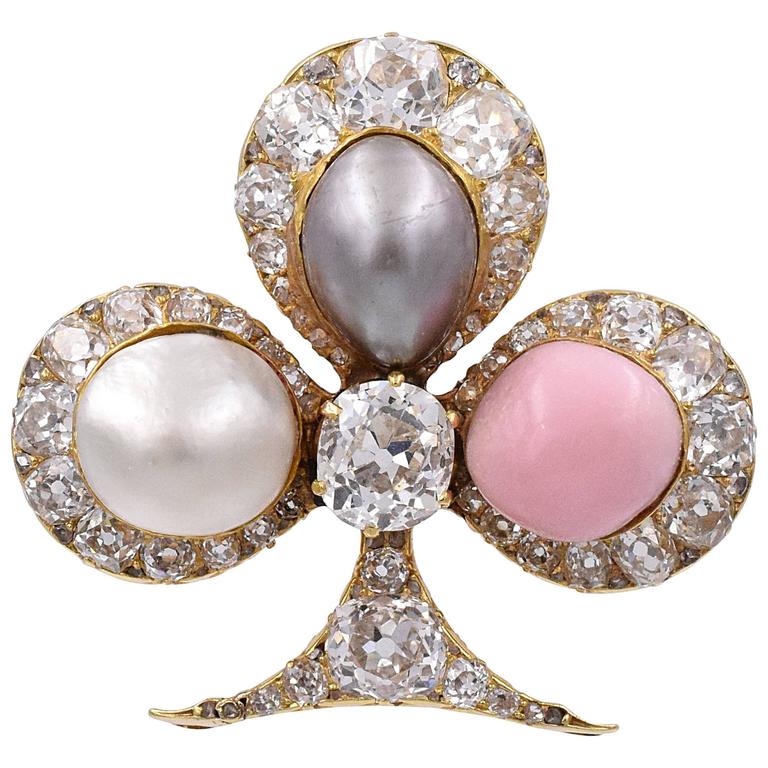 1900 Natural Pearl Diamond Trefoil Brooch For Sale at 1stdibs