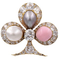 1900 Natural Pearl Diamond Trefoil Brooch