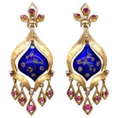 Diamond Ruby Blue Enamel 18 Karat Yellow Gold Dangle Antique Estate Earrings