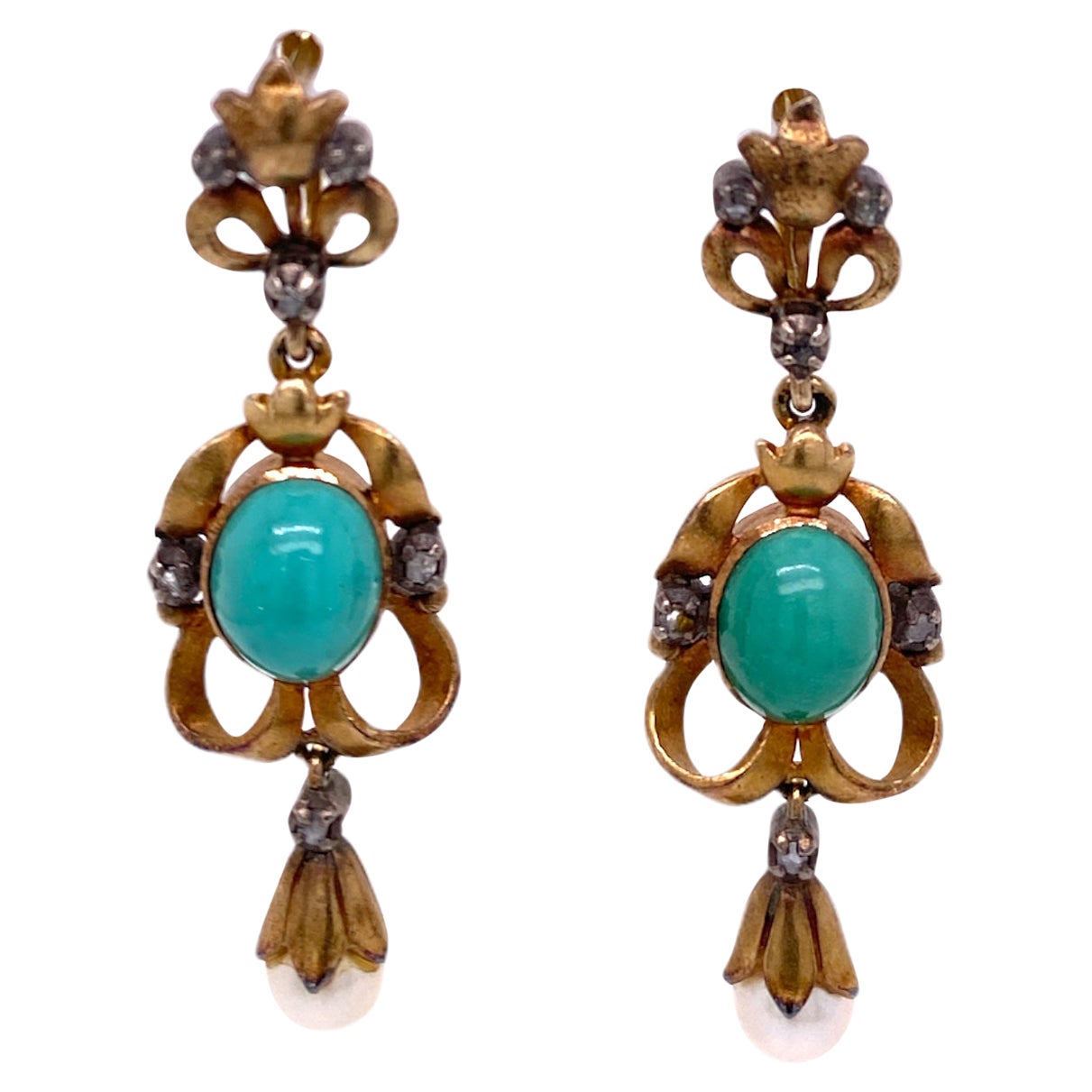 Victorian Turquoise Pearl Rose Cut Diamond Dangle Earrings 18 Karat Yellow Gold
