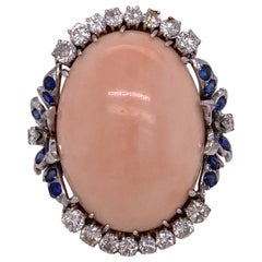 1950's Angel Skin Coral Diamond Sapphire Cocktail Ring 18KWG Adjustable Shank