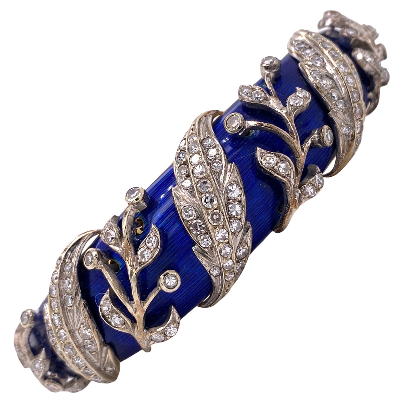 Early 20th Century Diamond Blue Enamel 18KYG Hinged Estate Bangle Bracelet