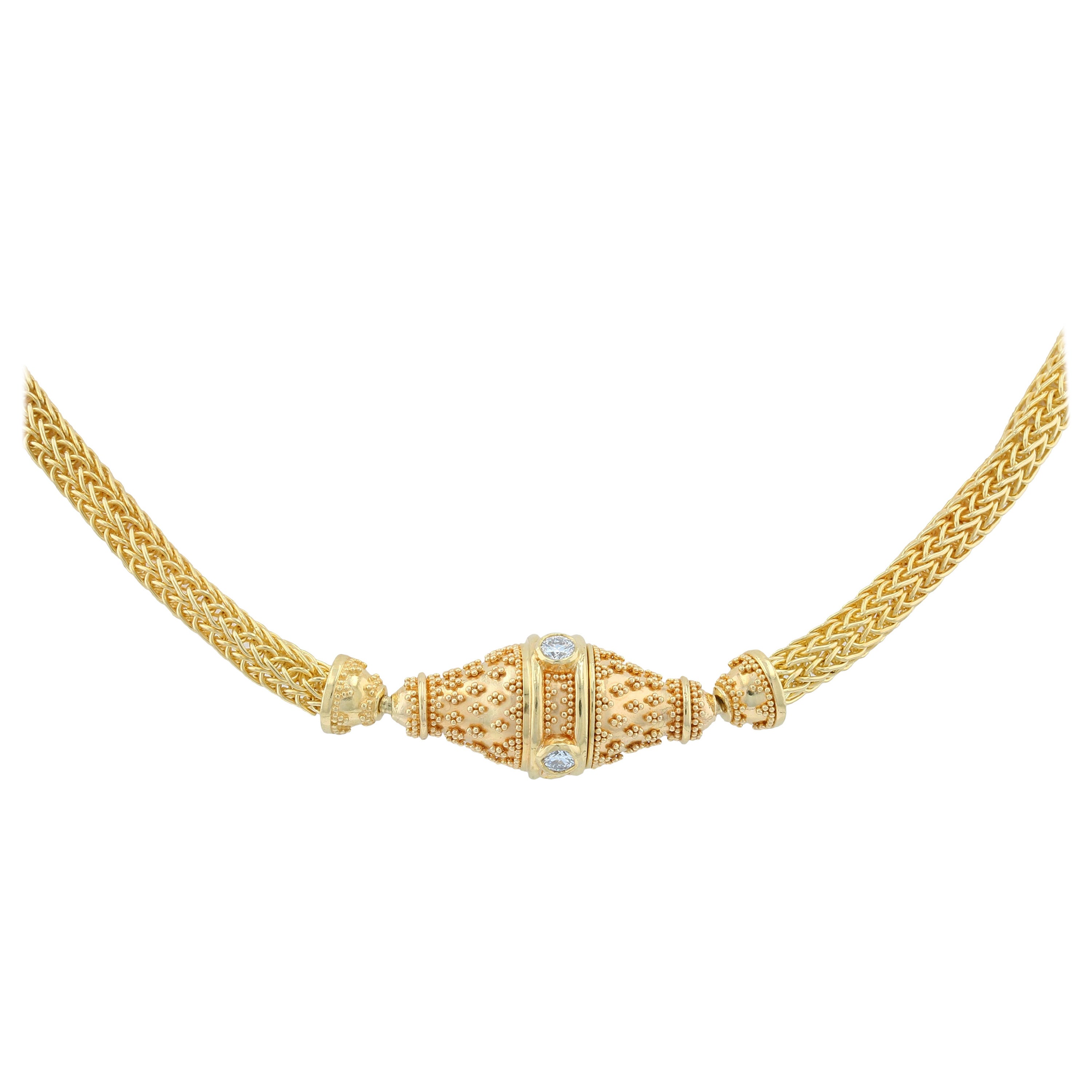 Kent Raible 18 Karat Gold Hand Woven Chain with Diamond Clasp and Granulation