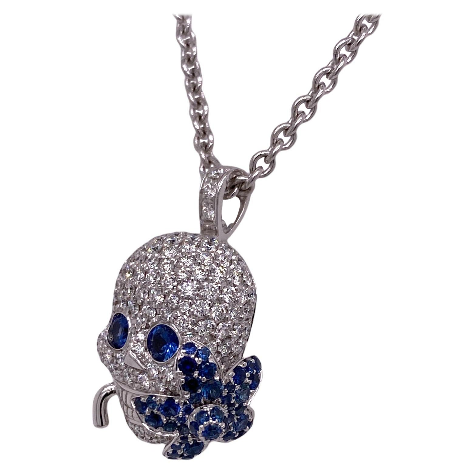 Gucci Flora Diamond Blue Sapphire Skull Pendant Necklace 18KWG Horsebit Clasp