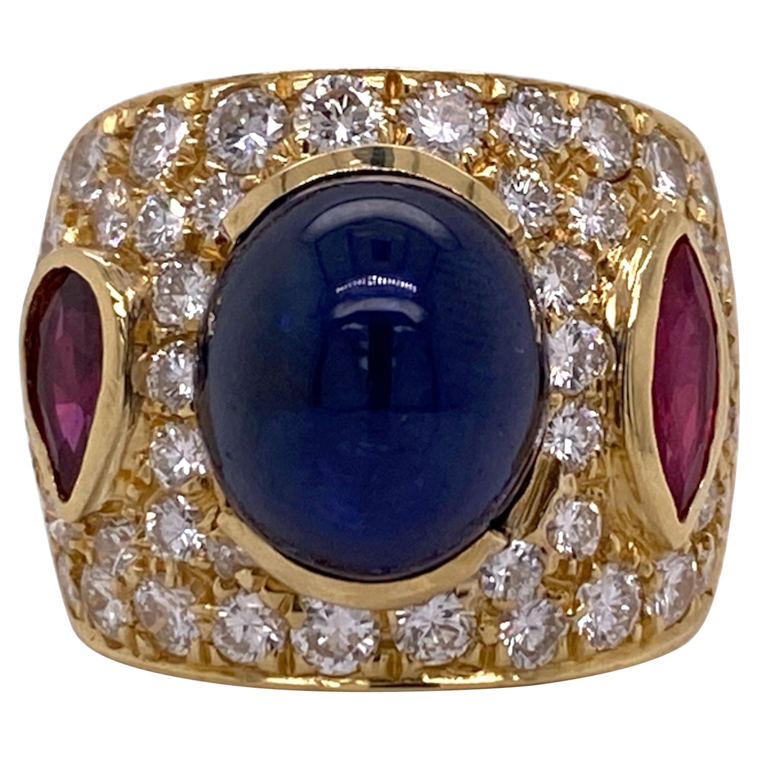 9.50 Carat Ceylon Blue Sapphire Ruby Diamond 18 Karat Yellow Gold Band Ring AGL