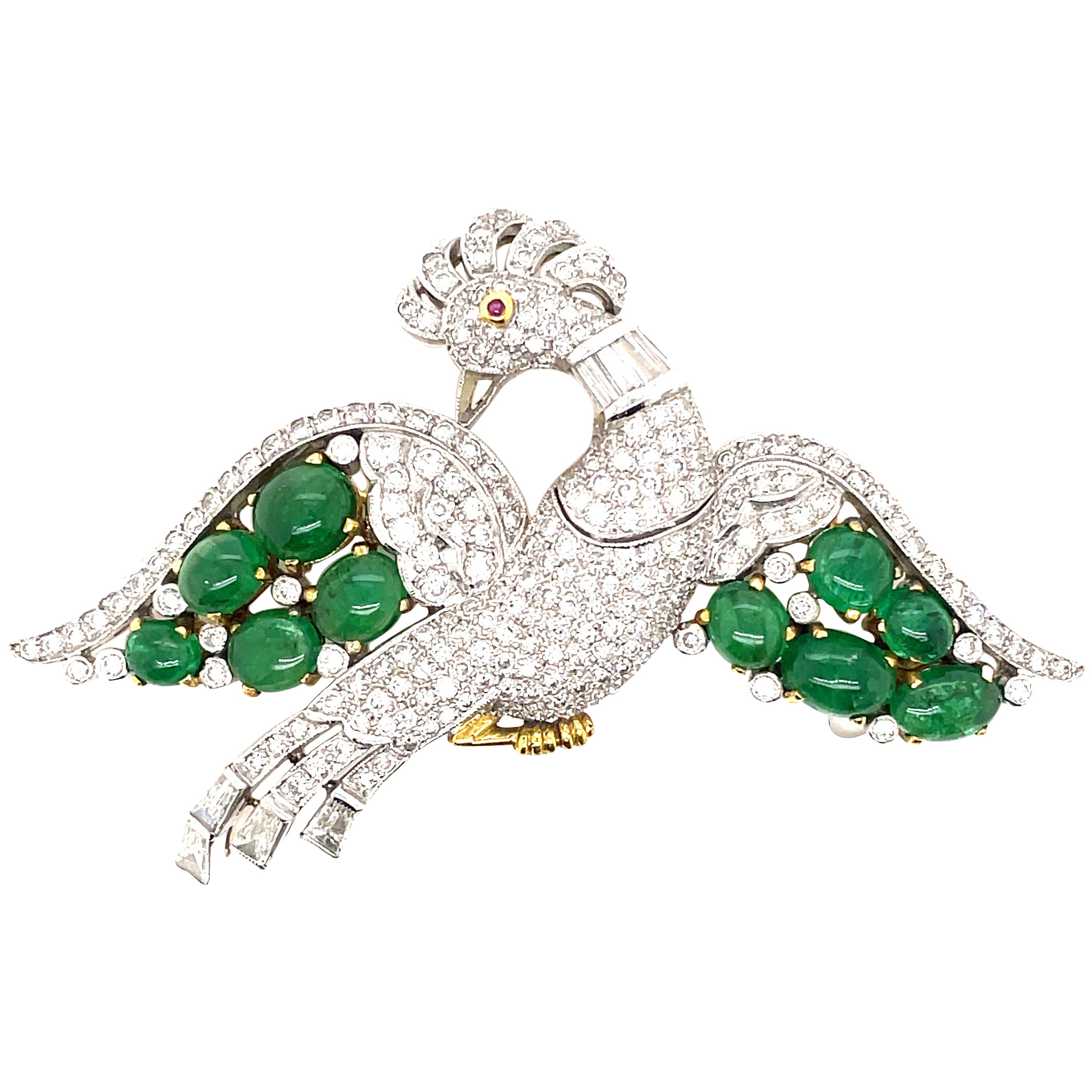 Diamond, Emerald, and Ruby Vintage Bird Brooch White & Yellow Gold