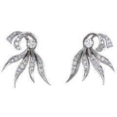 Vintage 50s Diamond Earrings 14k White Gold Estate Fine Jewelry Spray Design