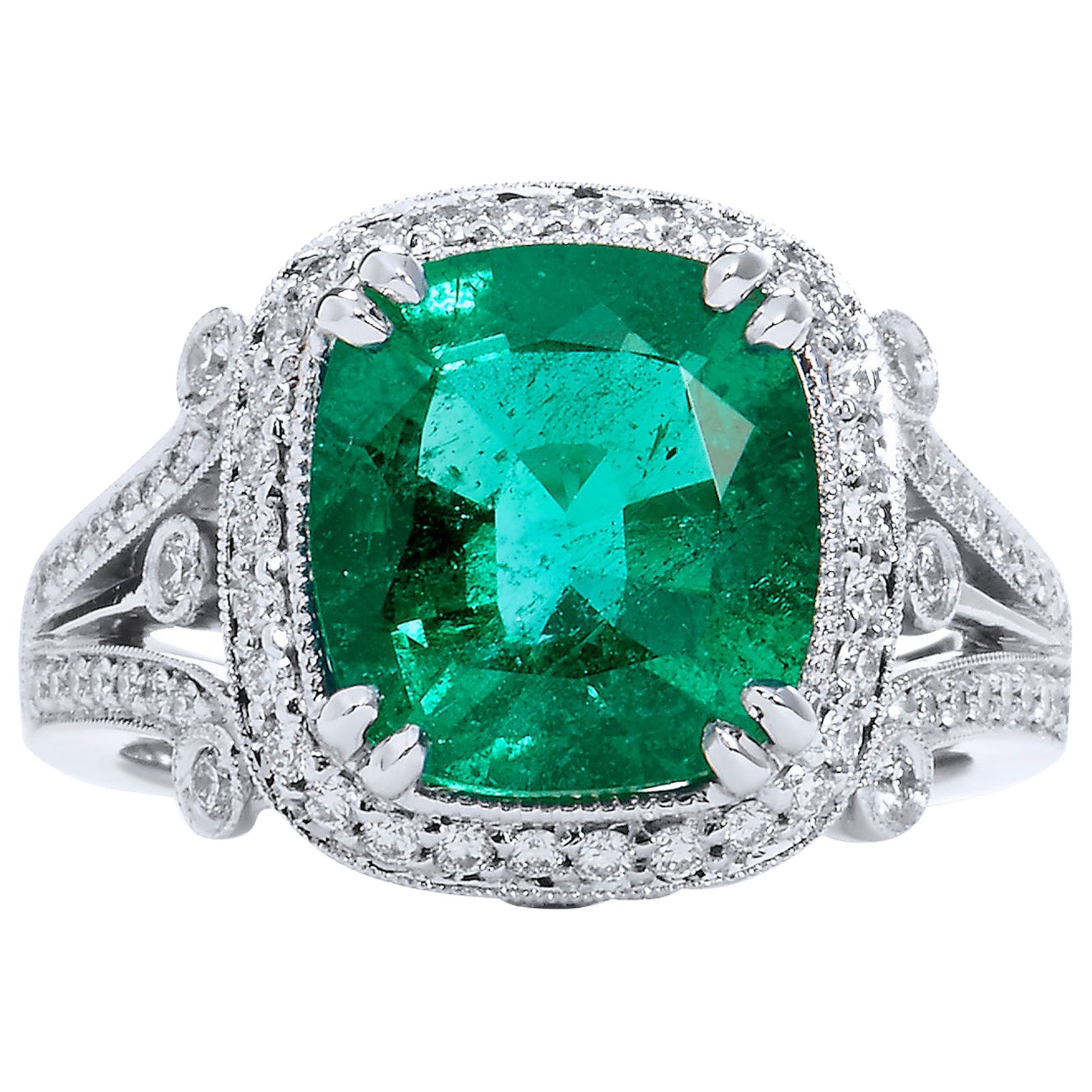 Zambian Cushion Cut Emerald Diamond Ring