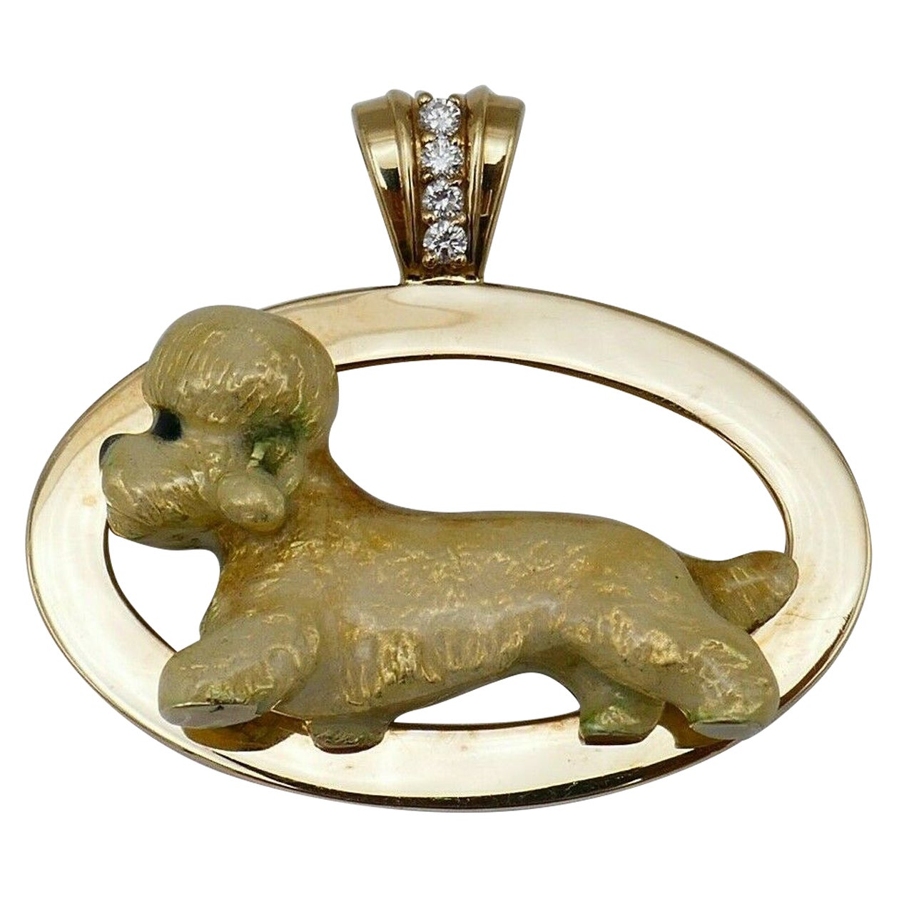 Retro Yellow Gold Enamel Diamond Maltese Dog Pendant