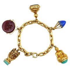 French Antique Yellow Gold Gemstones Charm Bracelet