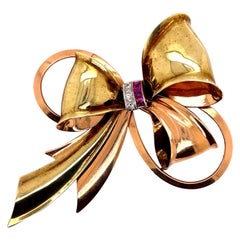 Retro Ruby and Diamond Bow Brooch Yellow & Rose Gold