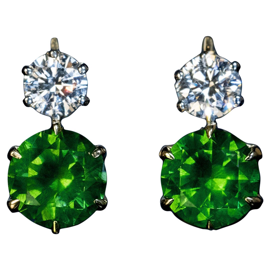 Rare 4.46 Ct Russian Demantoid 1 Ct Diamond Earrings AGL and GIA Certified For Sale