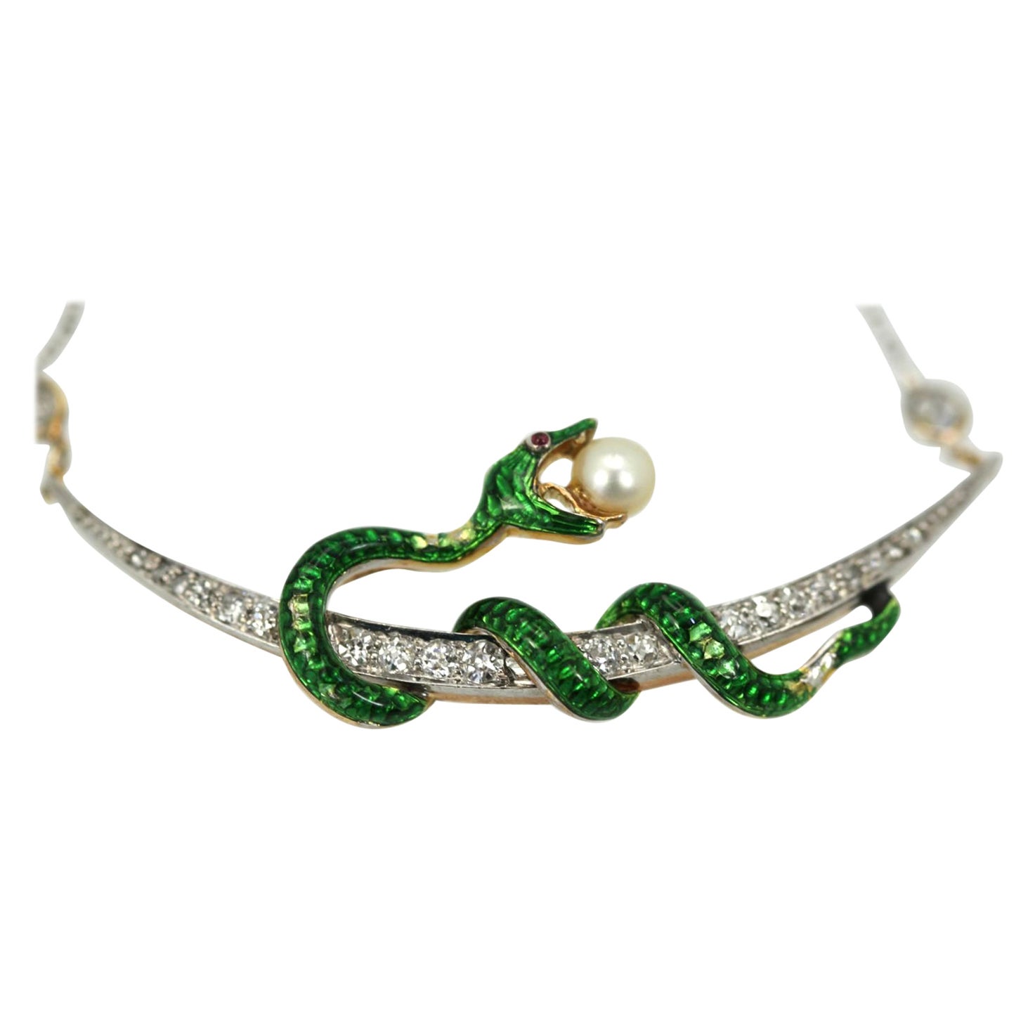 Antique Diamond Crescent Enamel Snake with Pearl on Diamond Chain