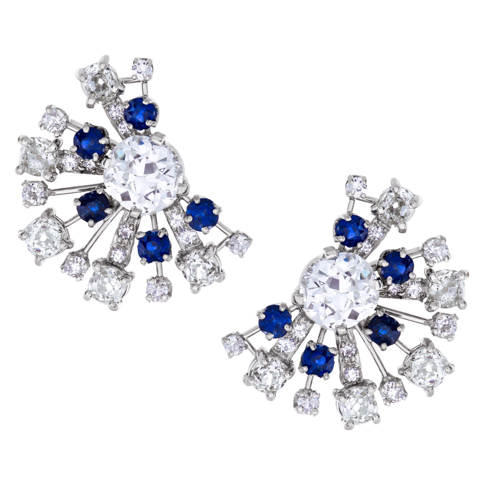 GIA Certified Cushion Brilliant Diamonds and Fan Sapphire Earrings in Platinum