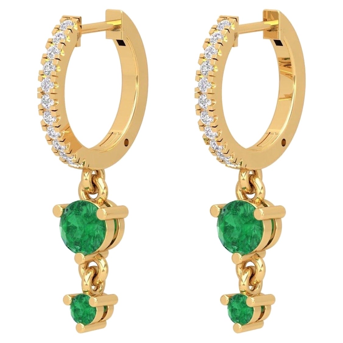 Double Drop Emerald 14 Karat Gold Diamond Huggie Hoop Earrings