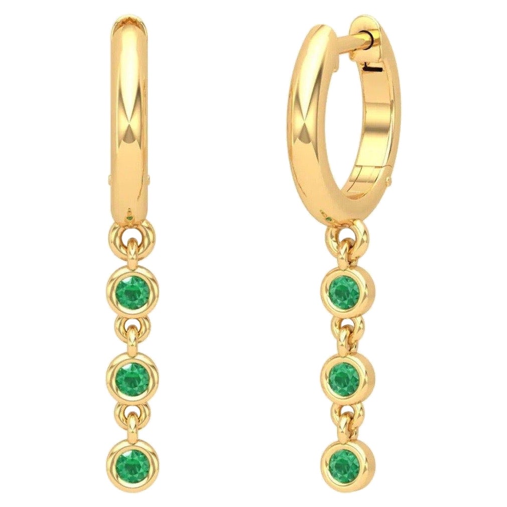 Triple Drop Emerald 14 Karat Gold Huggie Hoop Earrings For Sale