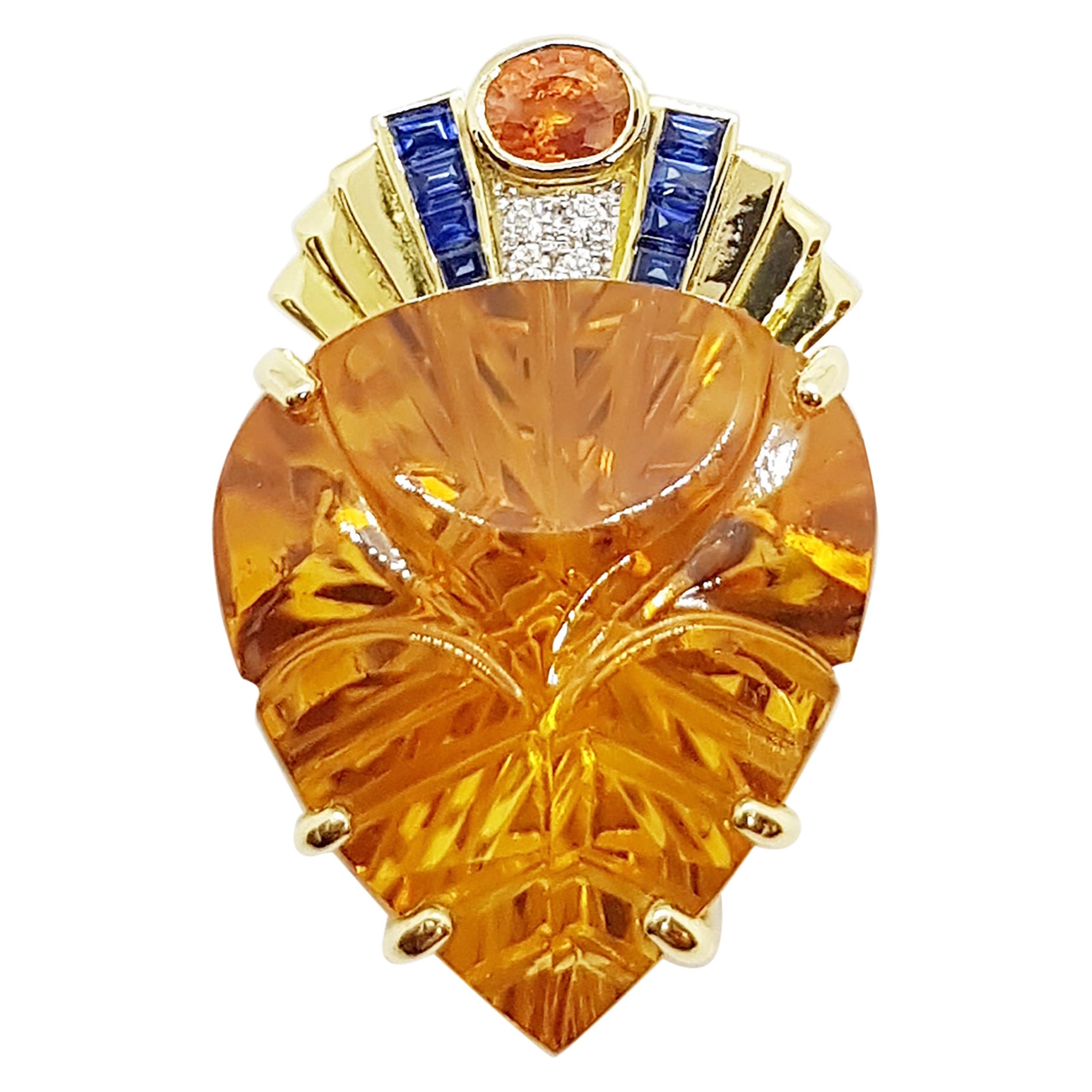 Citrine with Diamond, Yellow Sapphire and Blue Sapphire Pendant in 18 Karat Gold For Sale