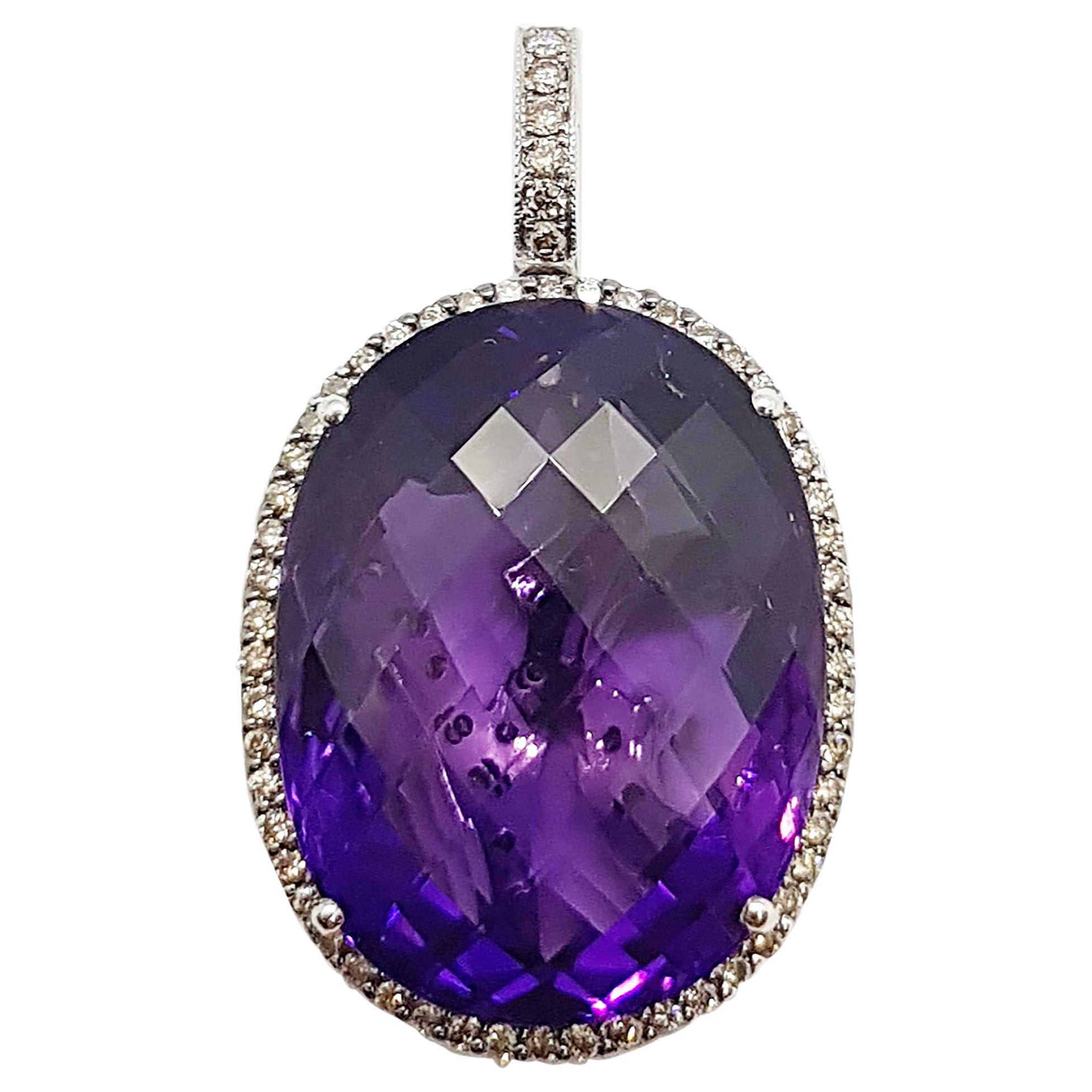 Reversible Amethyst with Brown Diamond Pendant Set in 18 Karat White Gold For Sale