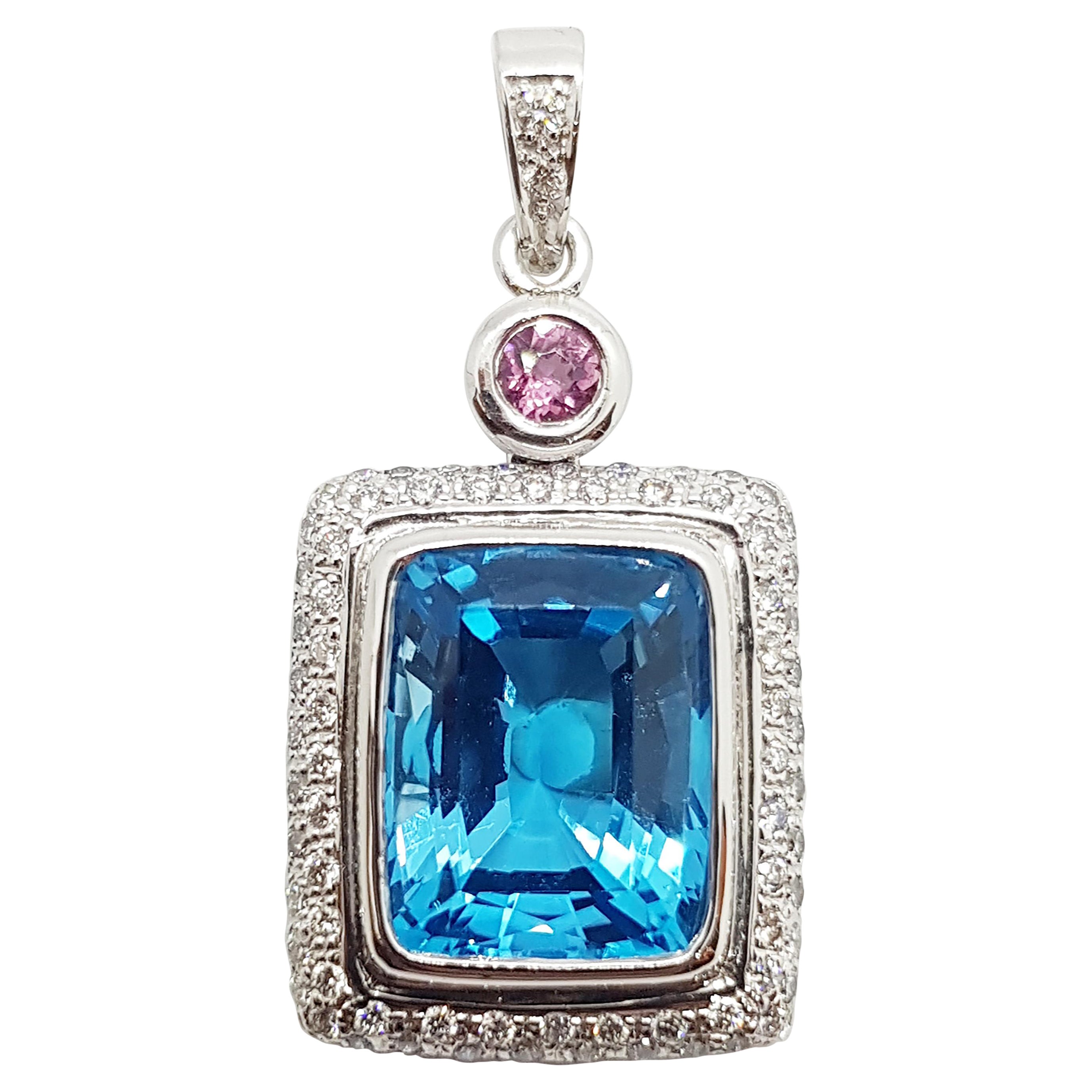 Blue Topaz with Pink Tourmaline and Diamond Pendant Set in 18 Karat White Gold For Sale